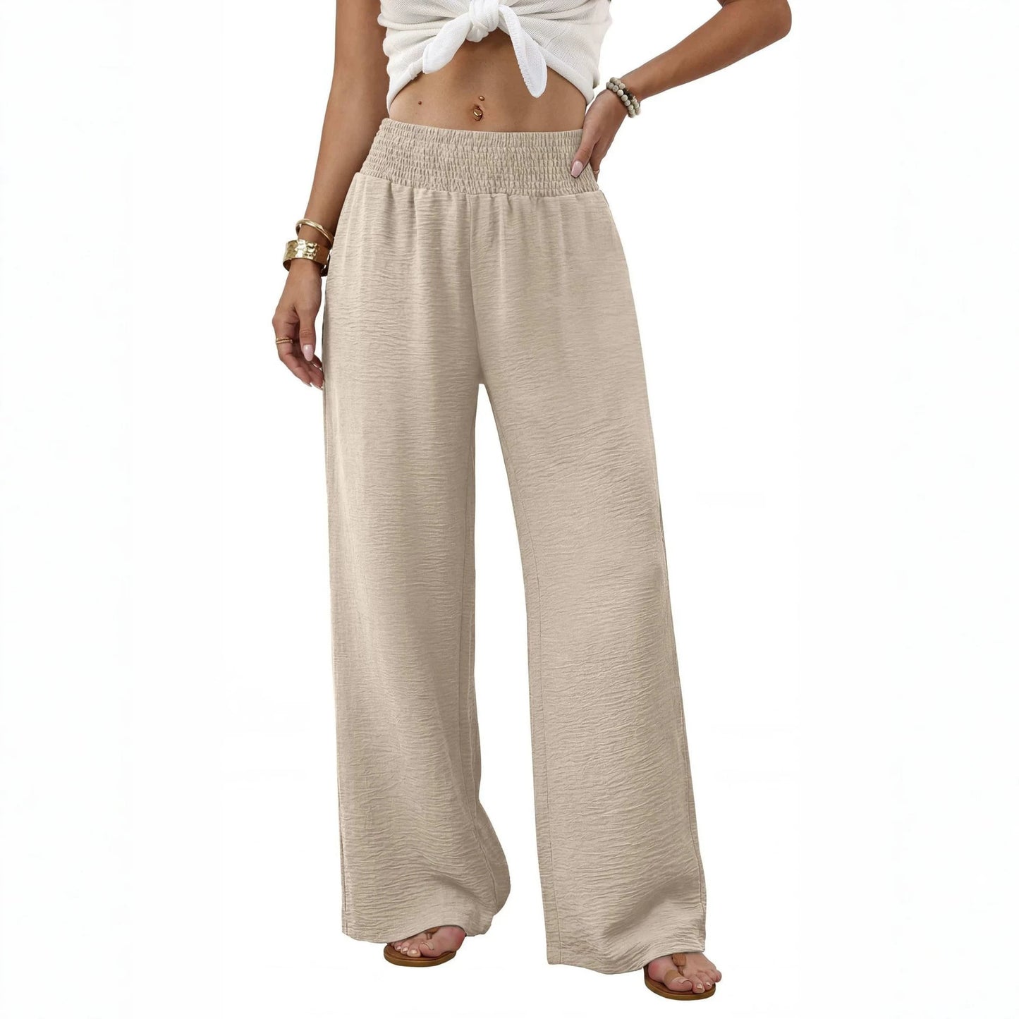 Women's High Waist Smocked Wide Leg Pants with Pockets