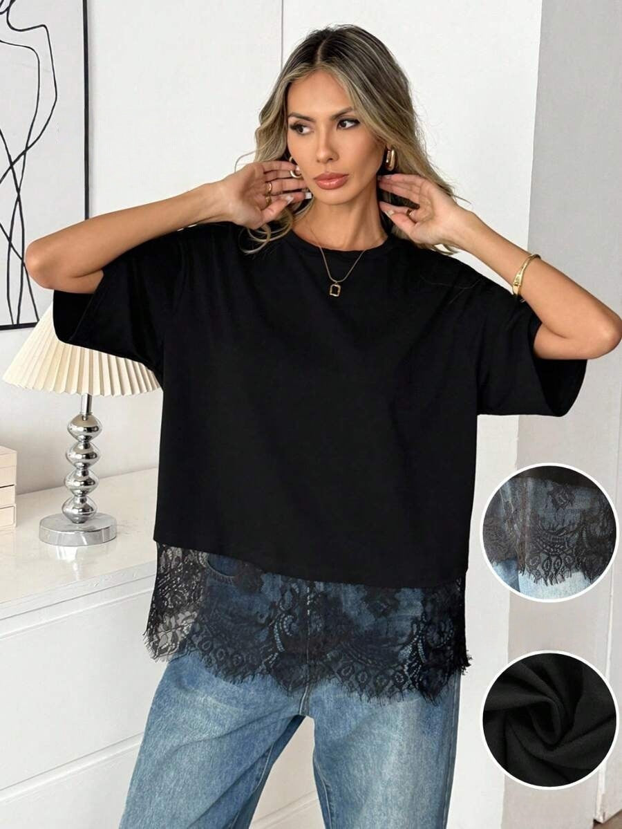 Solid  Lace Trim Loose Fit Short Sleeve Top