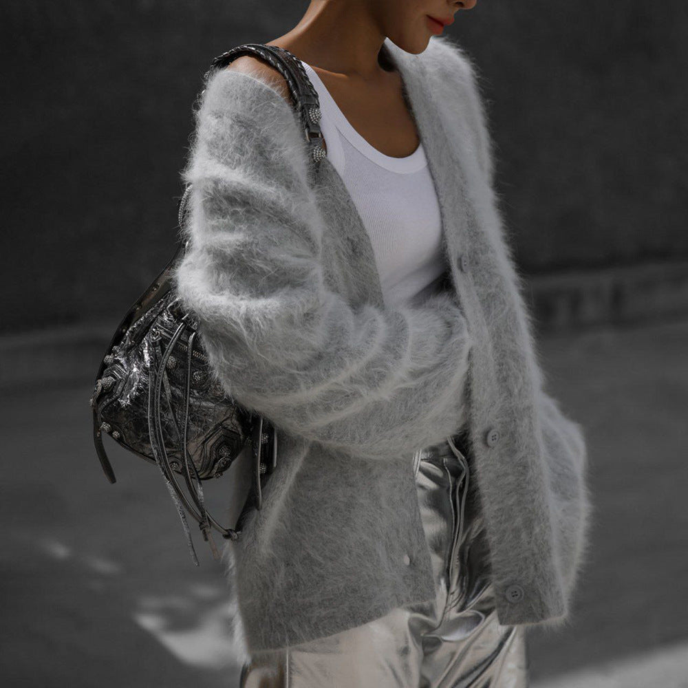 Fuzzy Cardigan Sweater, Oversized Button-Front Knit