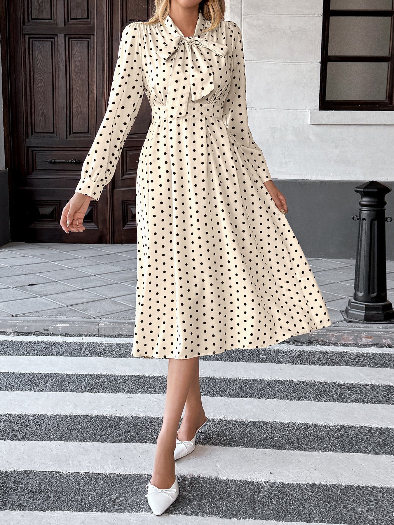 Polka Dot Bow Tie Neck Dress Long Sleeve Vintage Midi