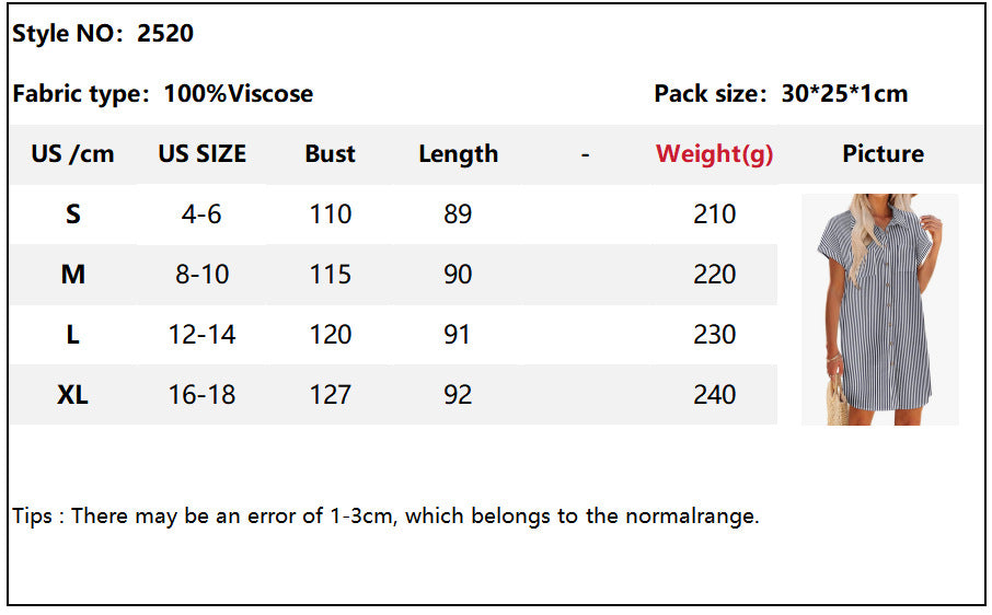 2025 Summer Short Sleeve Striped Cotton Linen Dress Mid-Length Shirt