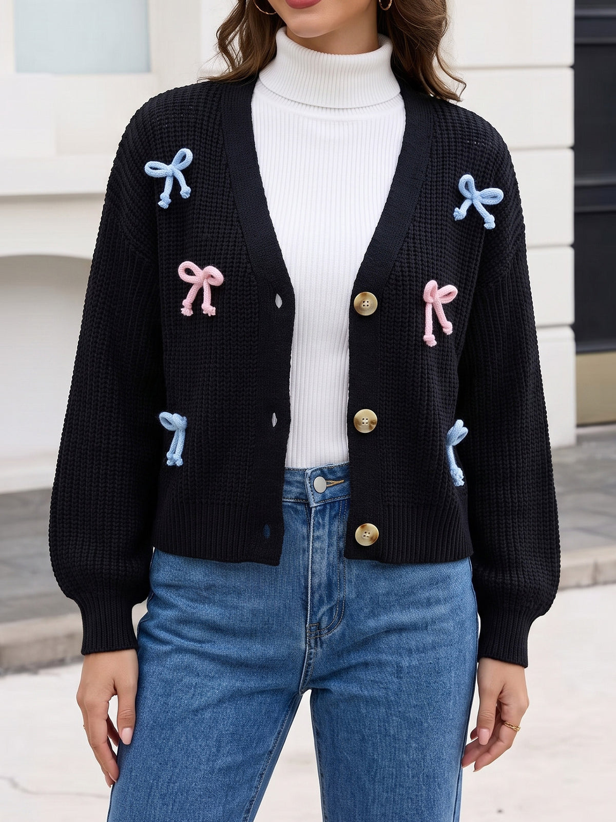 Women's Chunky Bow Cardigan V-Neck Balloon Sleeve Sweater