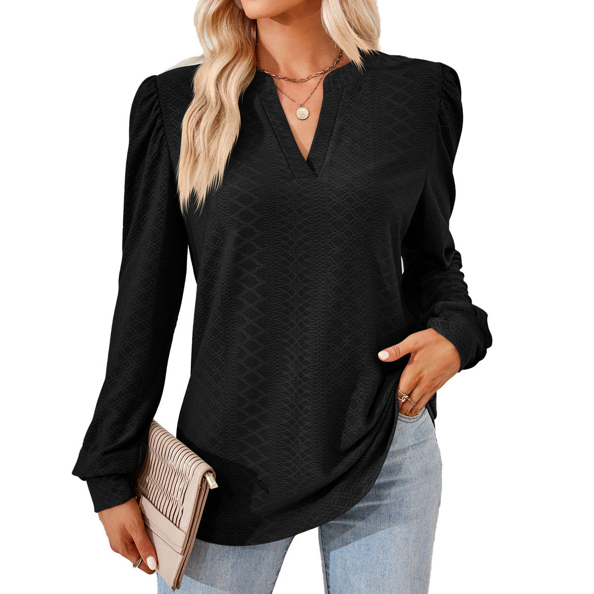 Women's V Neck Puff Sleeve Textured Long Sleeve Tunic Top