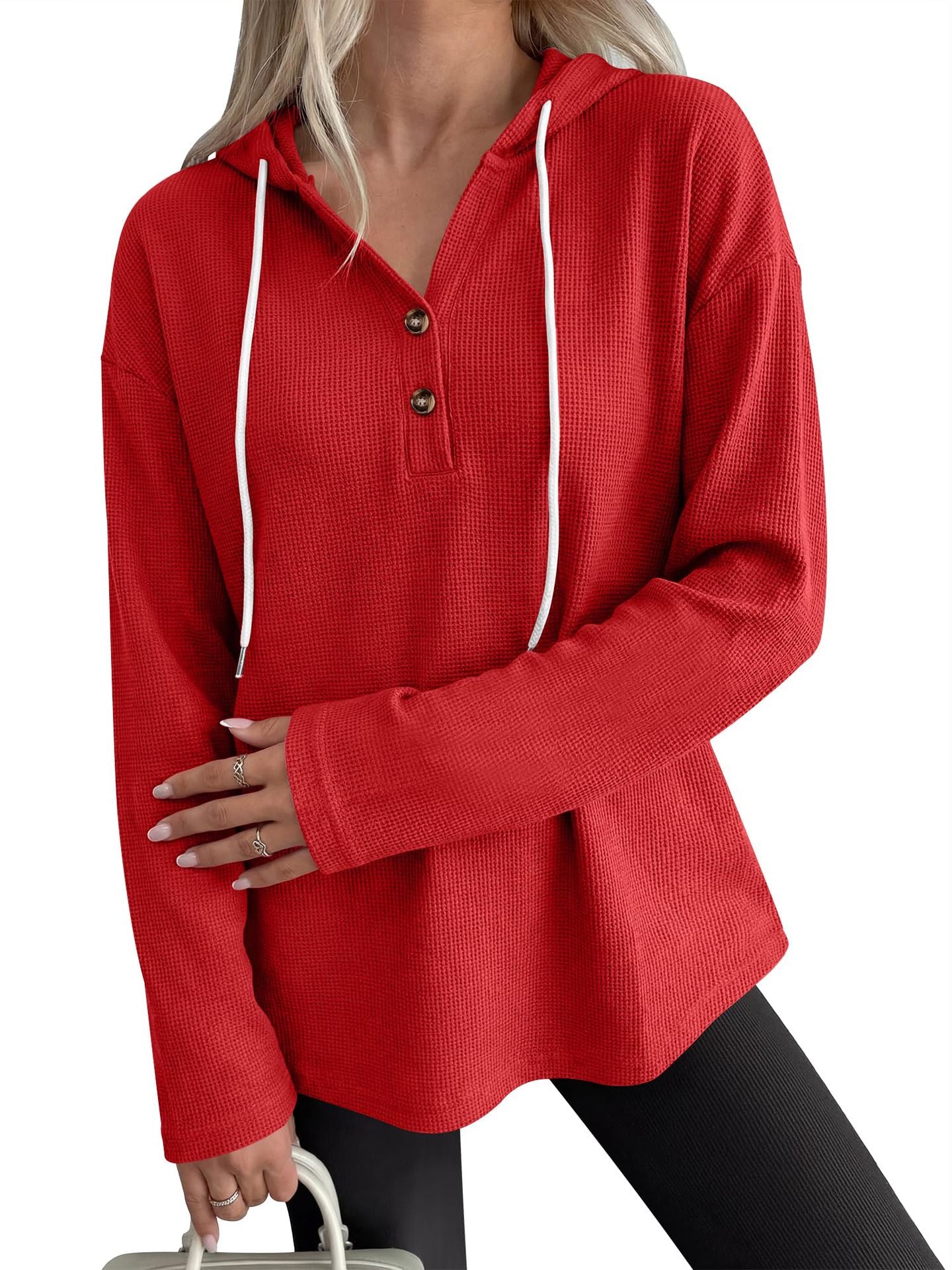 Solid Waffle Hoodie Pullover Casual Button Long Sleeve