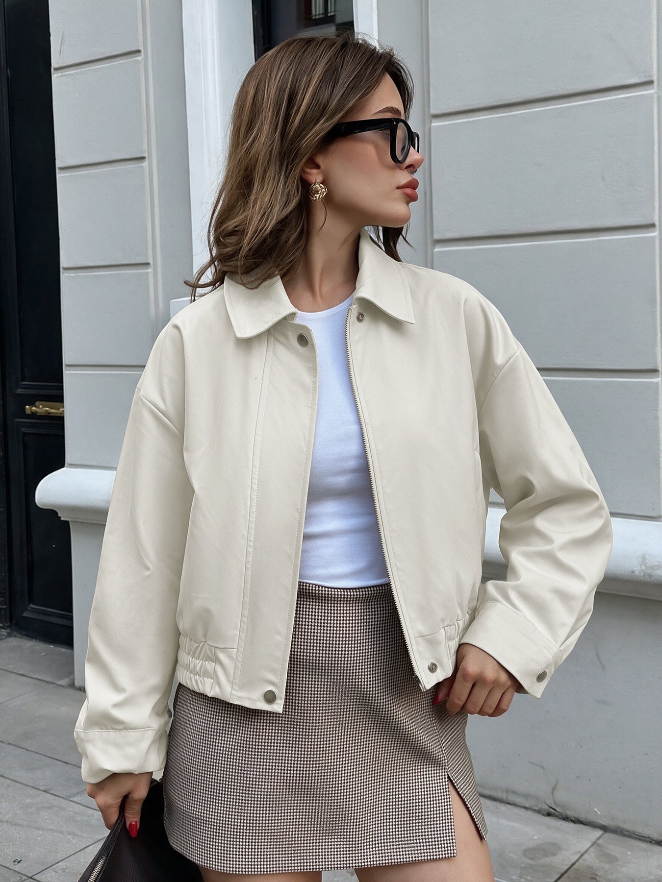 Cropped Collared Zip Up Bomber Jacket Relaxed Fit