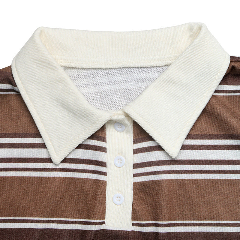 Striped Polo Neck Pullover Top Relaxed Fit Long Sleeve
