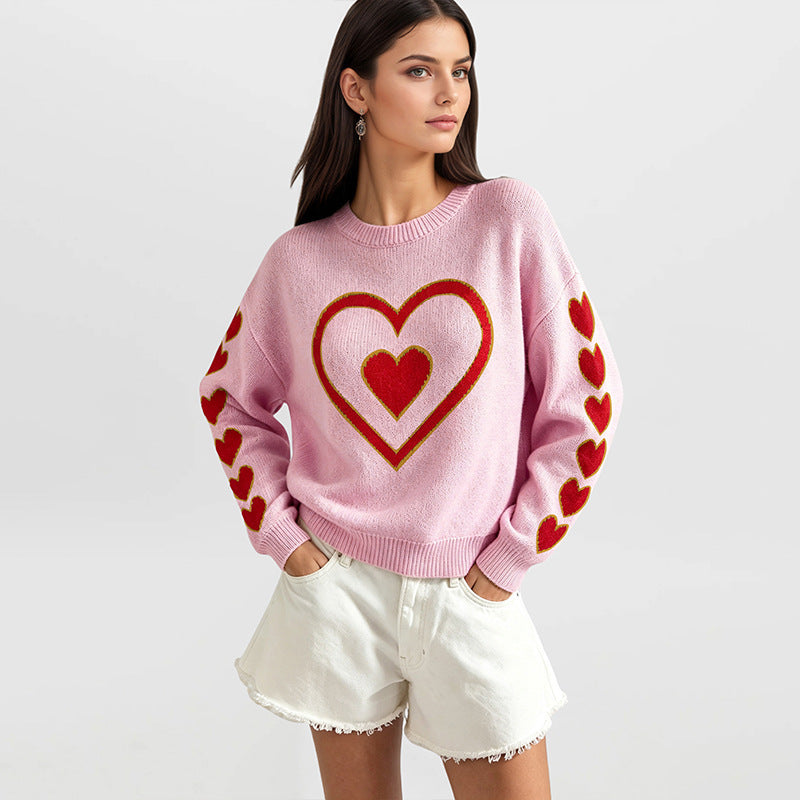 Women's Heart Bow Sweater Valentine Crewneck Knit Pullover
