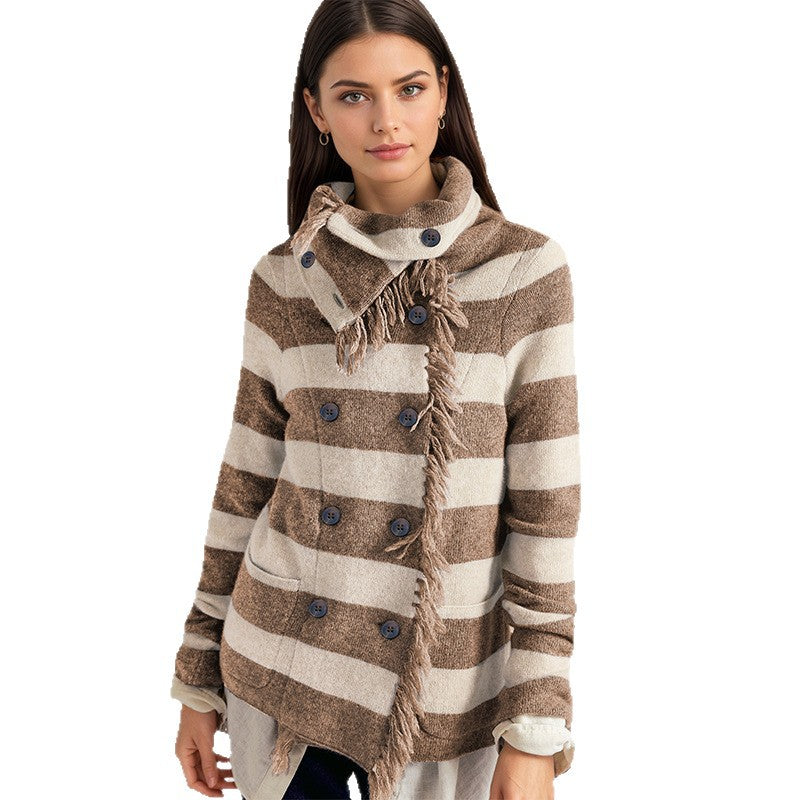 Women's Fringe Striped Mock Neck Knit Cardigan