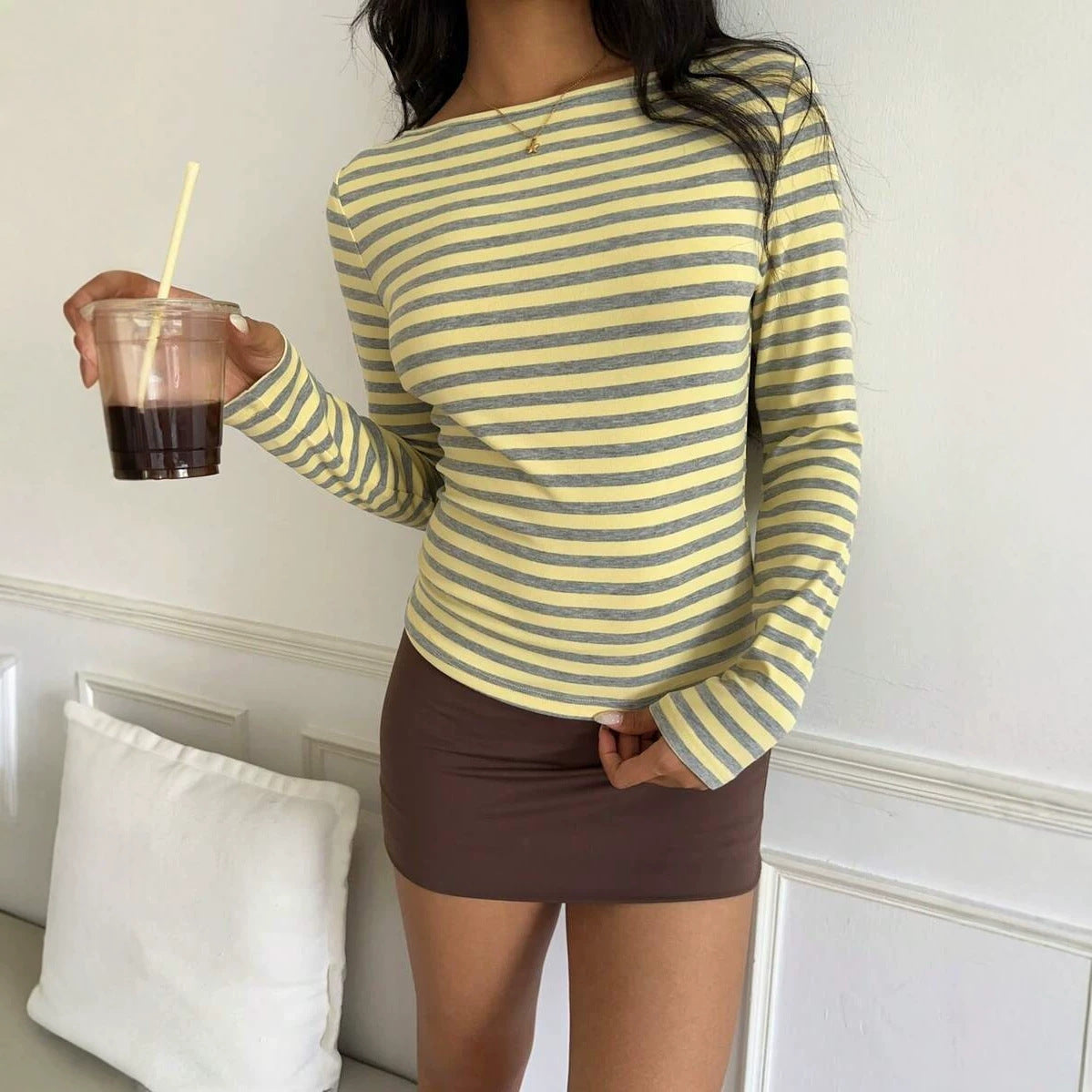 Striped Cotton Tee Casual Fitted Long Sleeve Trendy