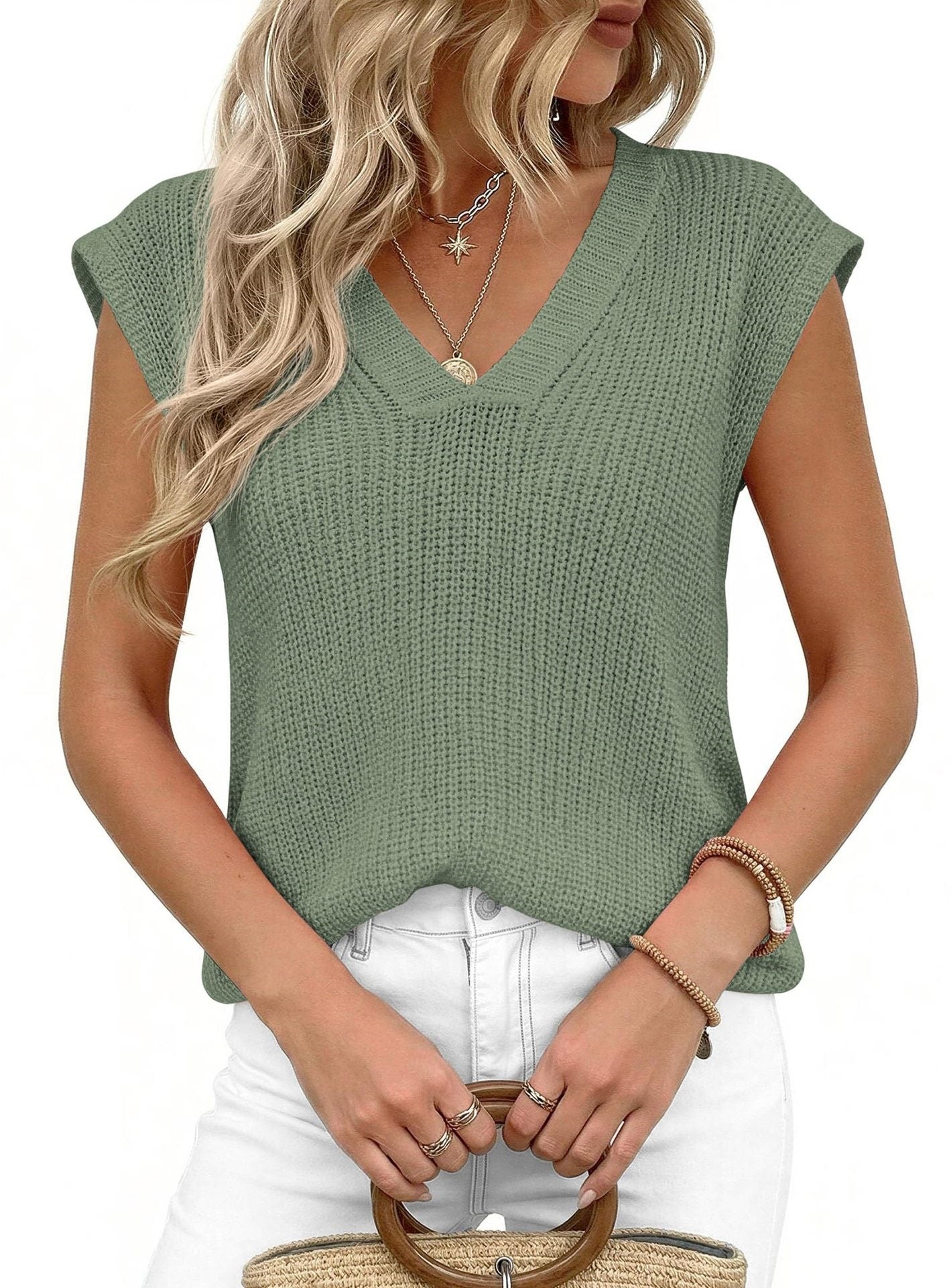 Women’s V Neck Sleeveless Knit Sweater Vest Loose Casual Summer Pullover Top