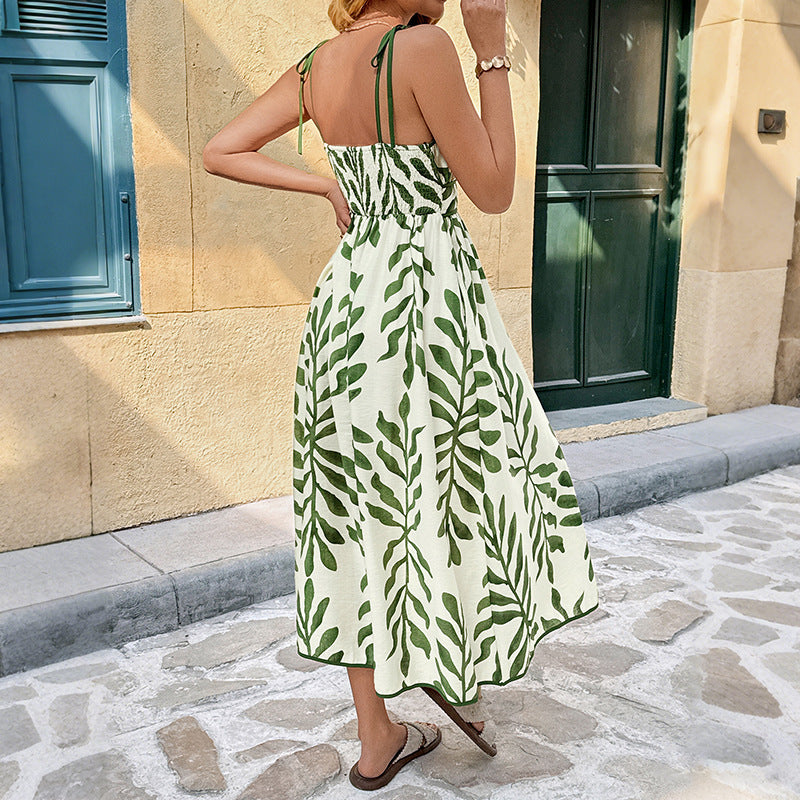 Leaf Print Midi Dress Boho Vacation Slip High Waist