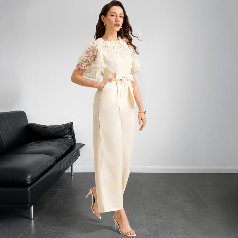 Elegant Lace Sleeve Satin Belted Wide Leg Jumpsuit