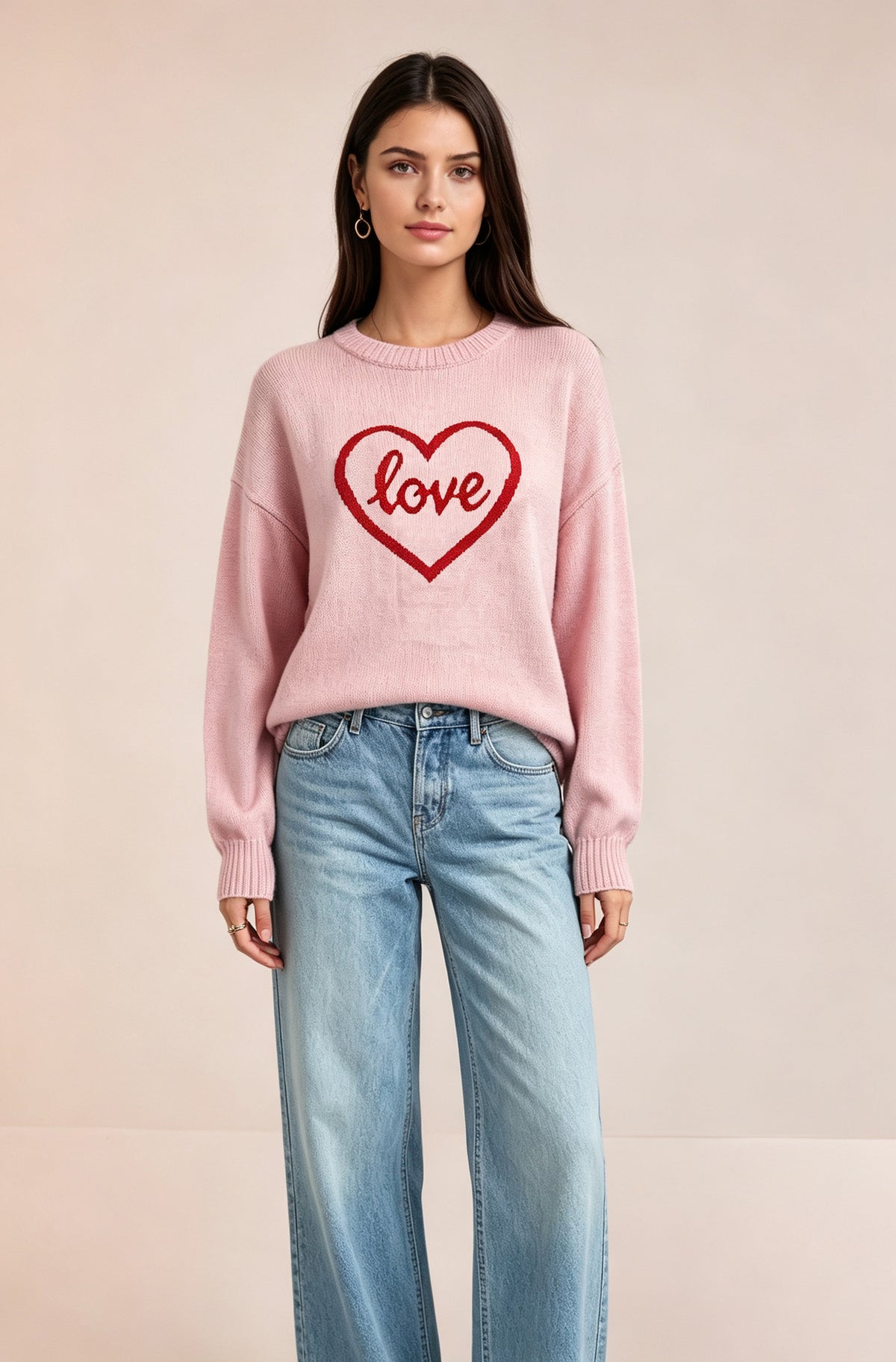 Women's Heart Graphic Crewneck Knit Pullover Sweater