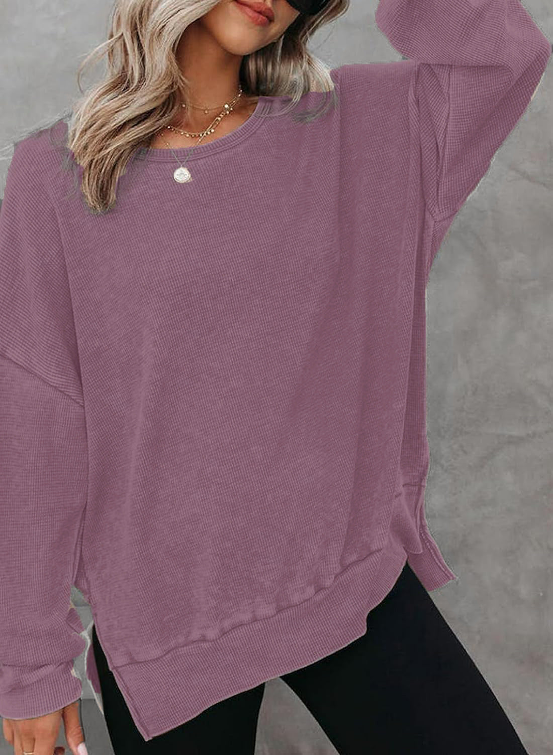 Solid Waffle Top Casual Oversized Drop Shoulder Pullover