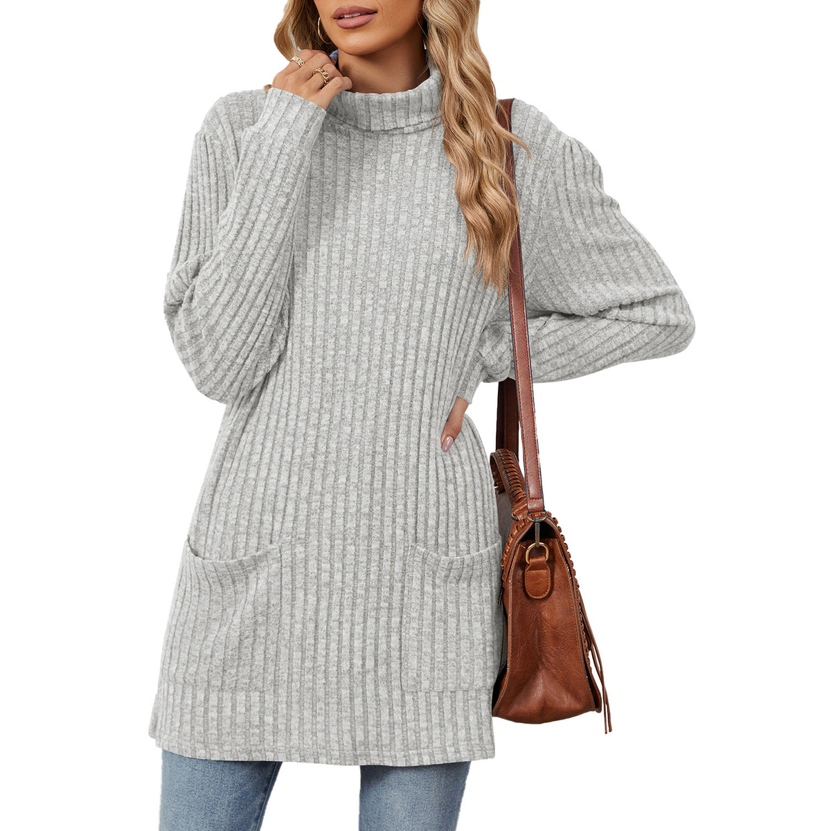 Women's Ribbed Mock Neck Long Sleeve Tunic Top with Pockets