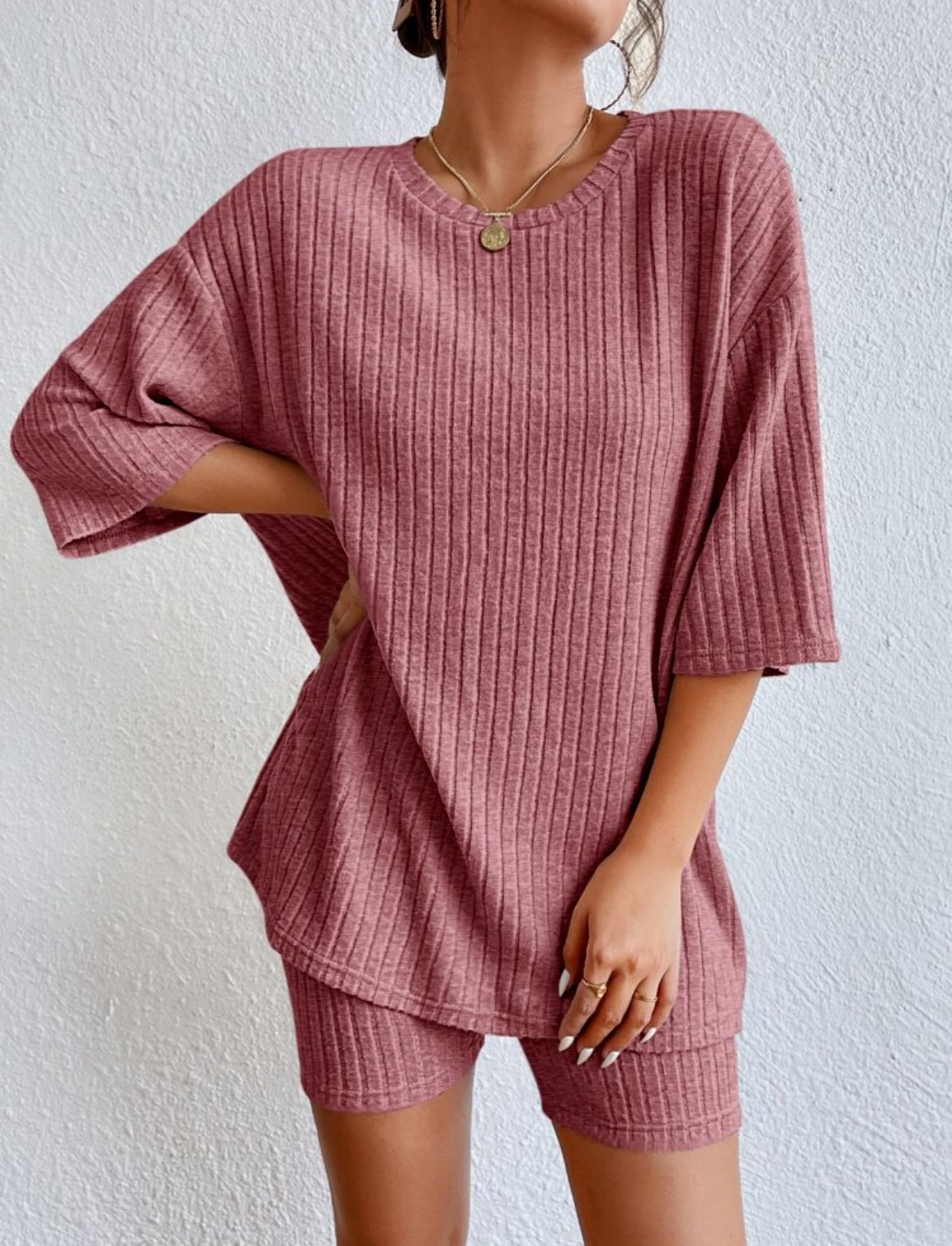 Ribbed Knit Two Piece Set Oversized Top & Biker Shorts
