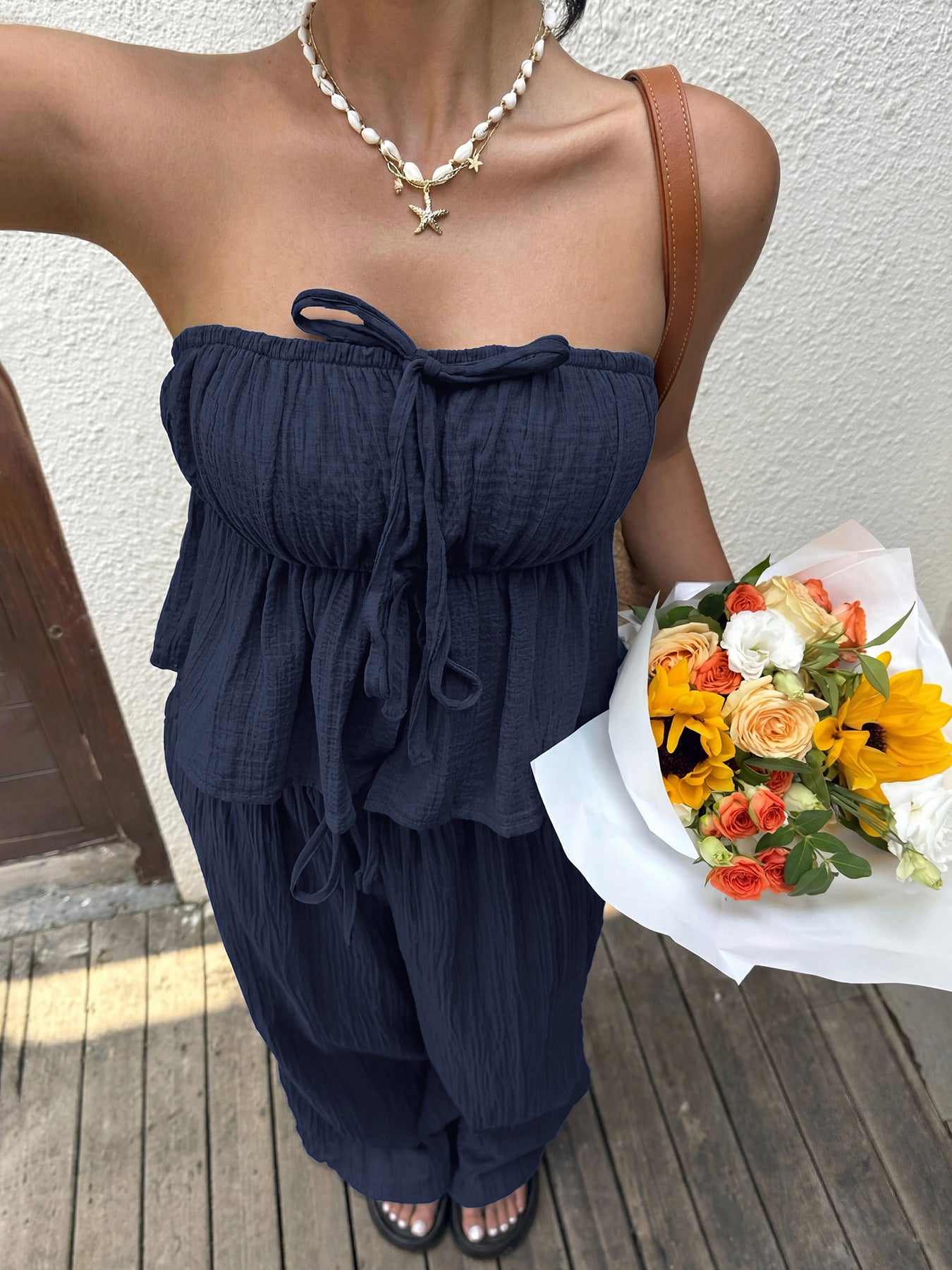 Strapless Smocked Ruffle Top Wide Leg Pants Set