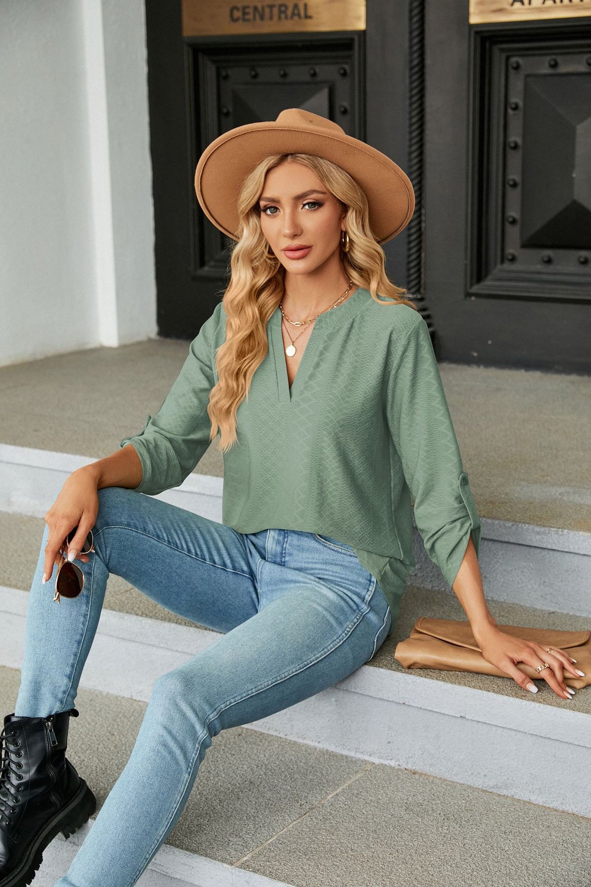 Women's V Neck 3/4 Sleeve Button Loose Fit Blouse Top