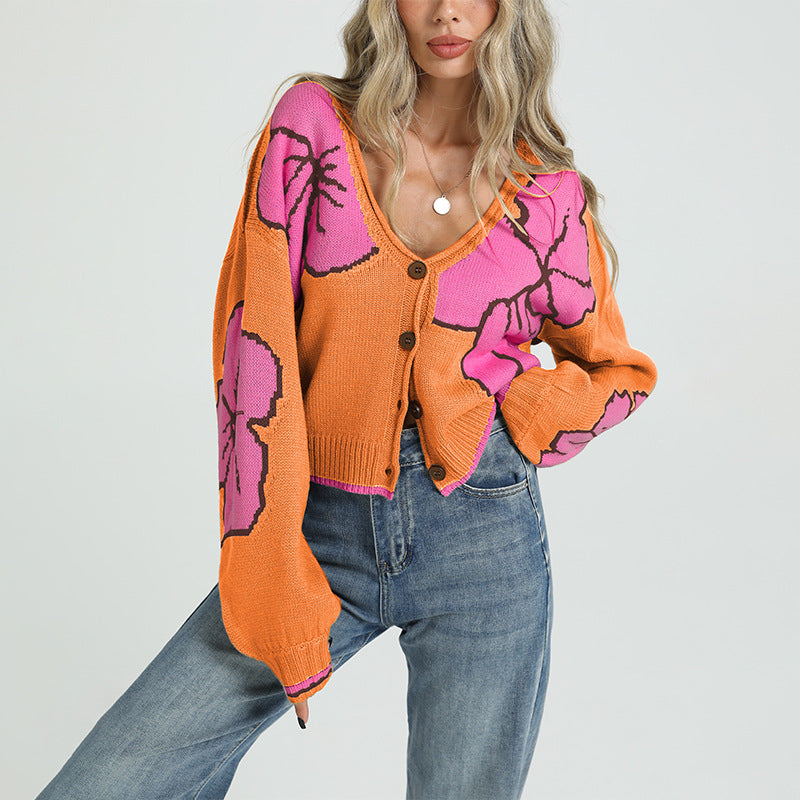Women's Colorblock Floral Button V-Neck Cardigan Sweater