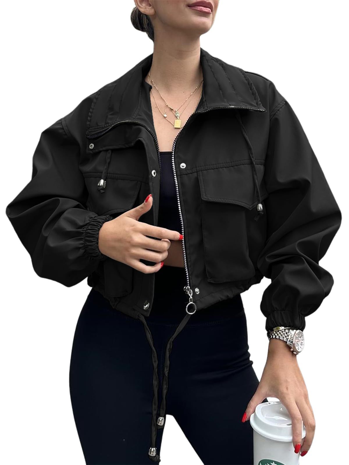 Solid Cropped Windbreaker Utility Jacket