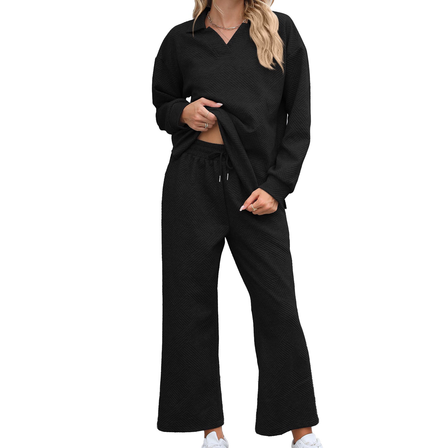 Women's Collared Sweatshirt & Wide Leg Pants Matching Set
