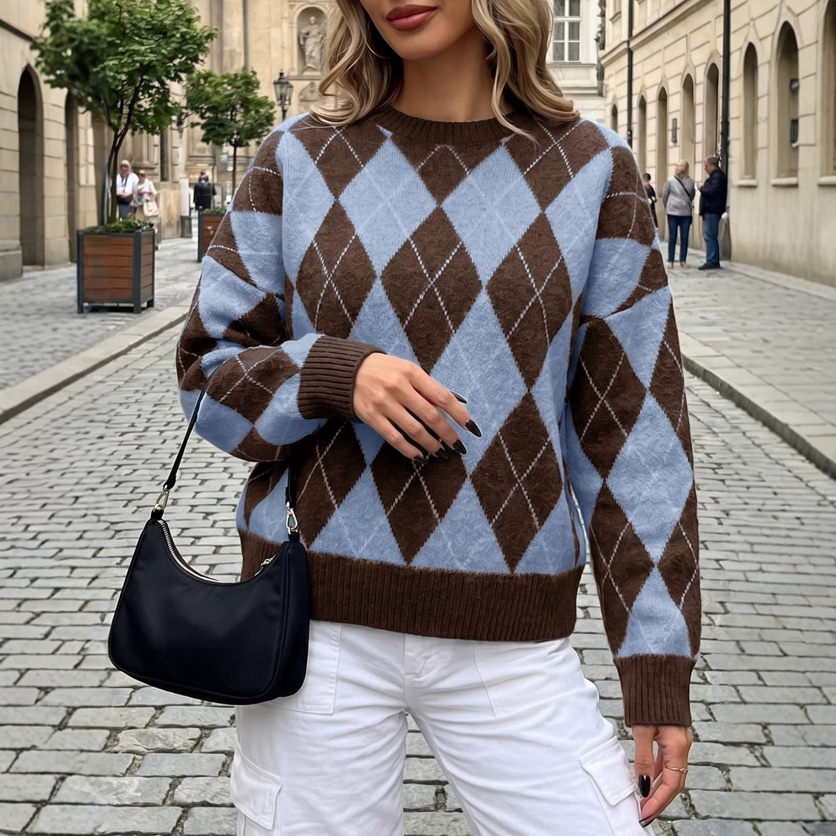Women's Oversized Argyle Colorblock Crewneck Sweater