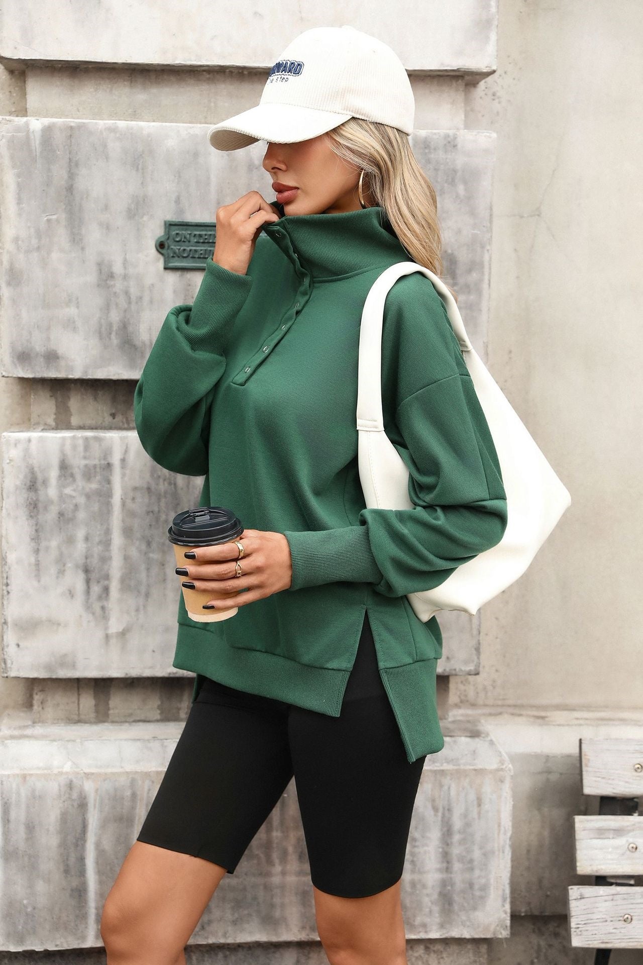 Women's Oversized Button Collar Long Sleeve Sweatshirt