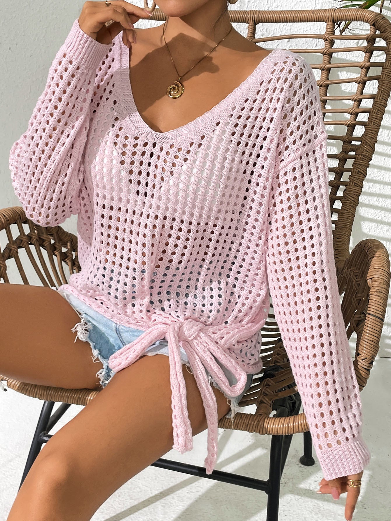 Women’s V Neck Crochet Tie Front Long Sleeve Cover Up