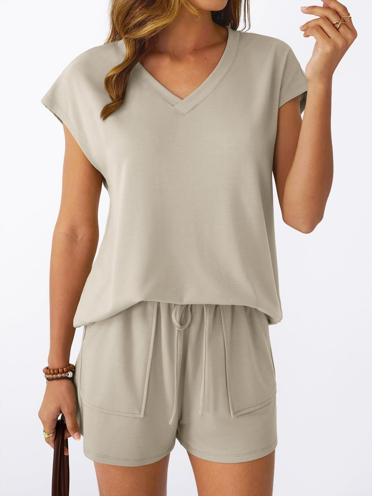 Women’s V Neck Short Sleeve Top and Drawstring Shorts Set Casual Summer Lounge Outfit