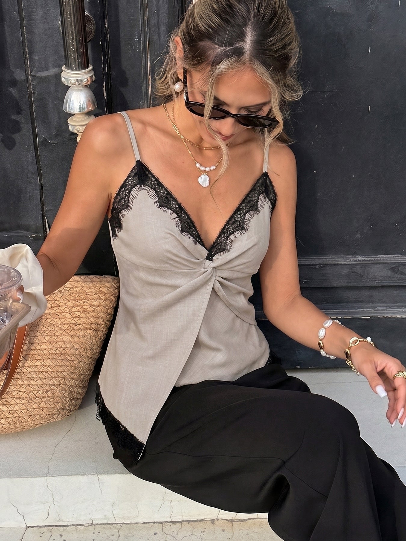 Lace Trim Cami Top French Chic Twist Front Tank