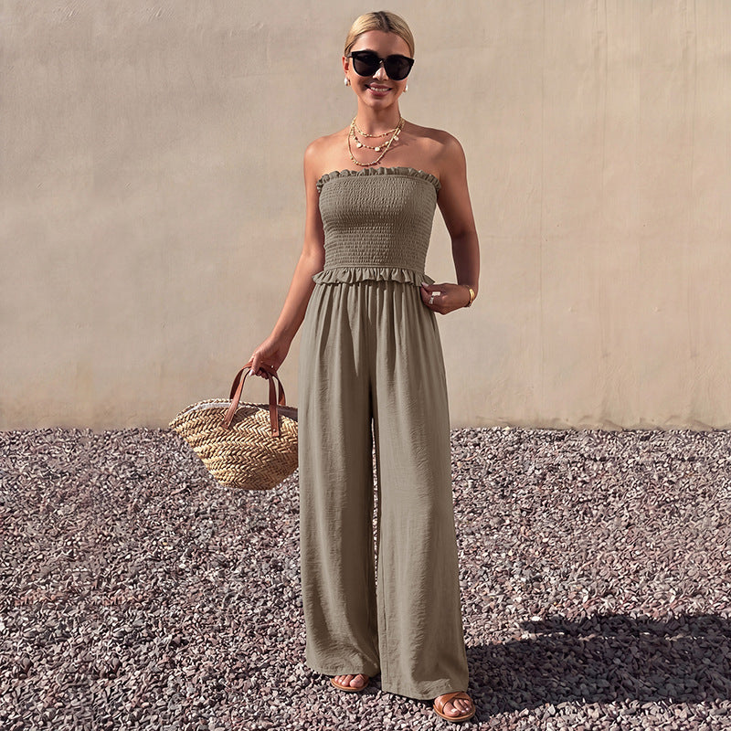 Solid Rayon Jumpsuit Resort Strapless Smocked Wide Leg