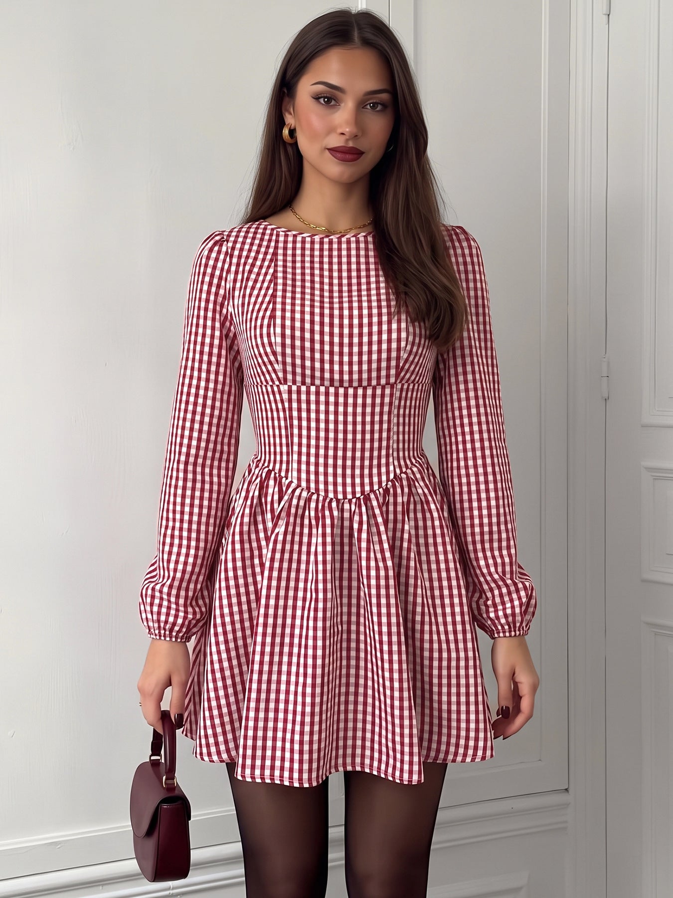 Gingham Bow Mini Dress Long Sleeve Sweet French Style