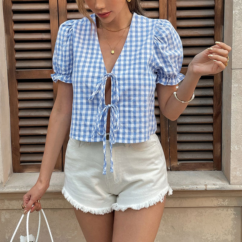 2025 Summer Bow Tie Shirt Casual Plaid Top Women