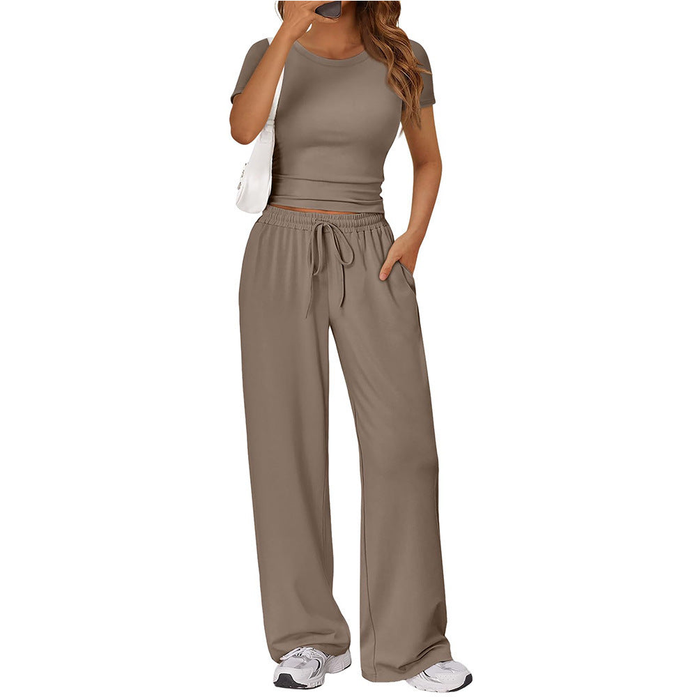 Women Y2K Two Piece Set Short Sleeve Crop Top Wide Leg Pants