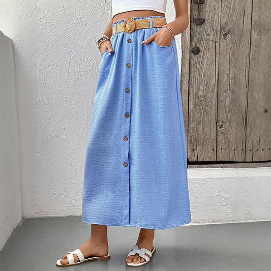 Button Front Blue Midi Skirt with Pockets