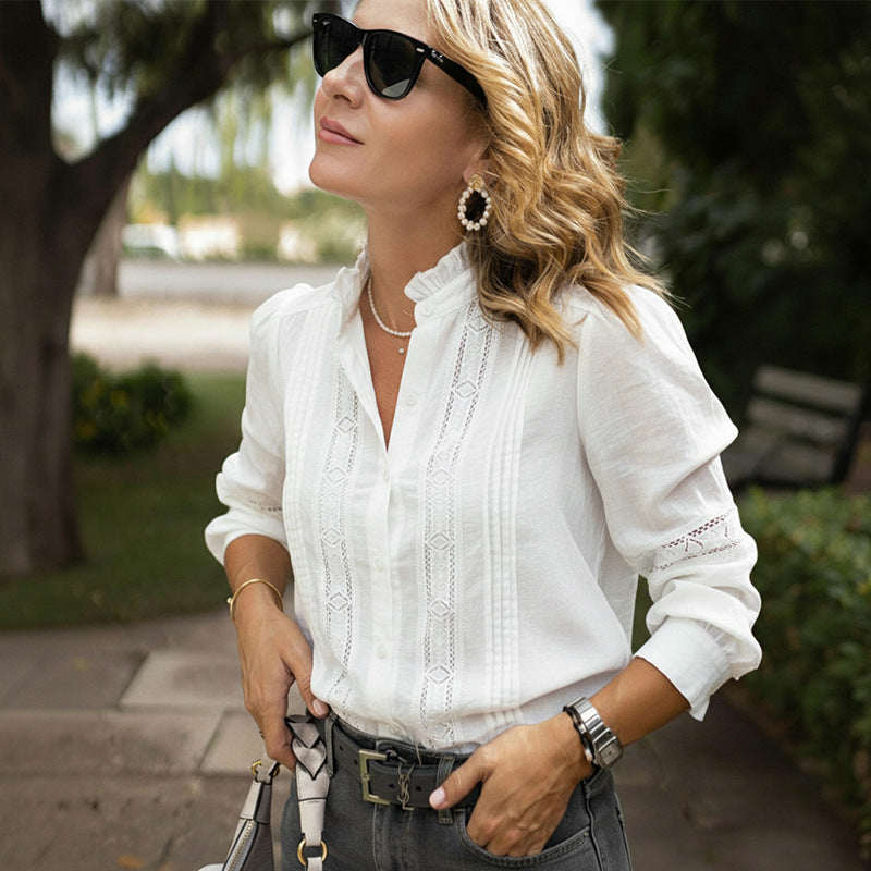 Ruffle Trim Stand Collar White Blouse Long Sleeve Top