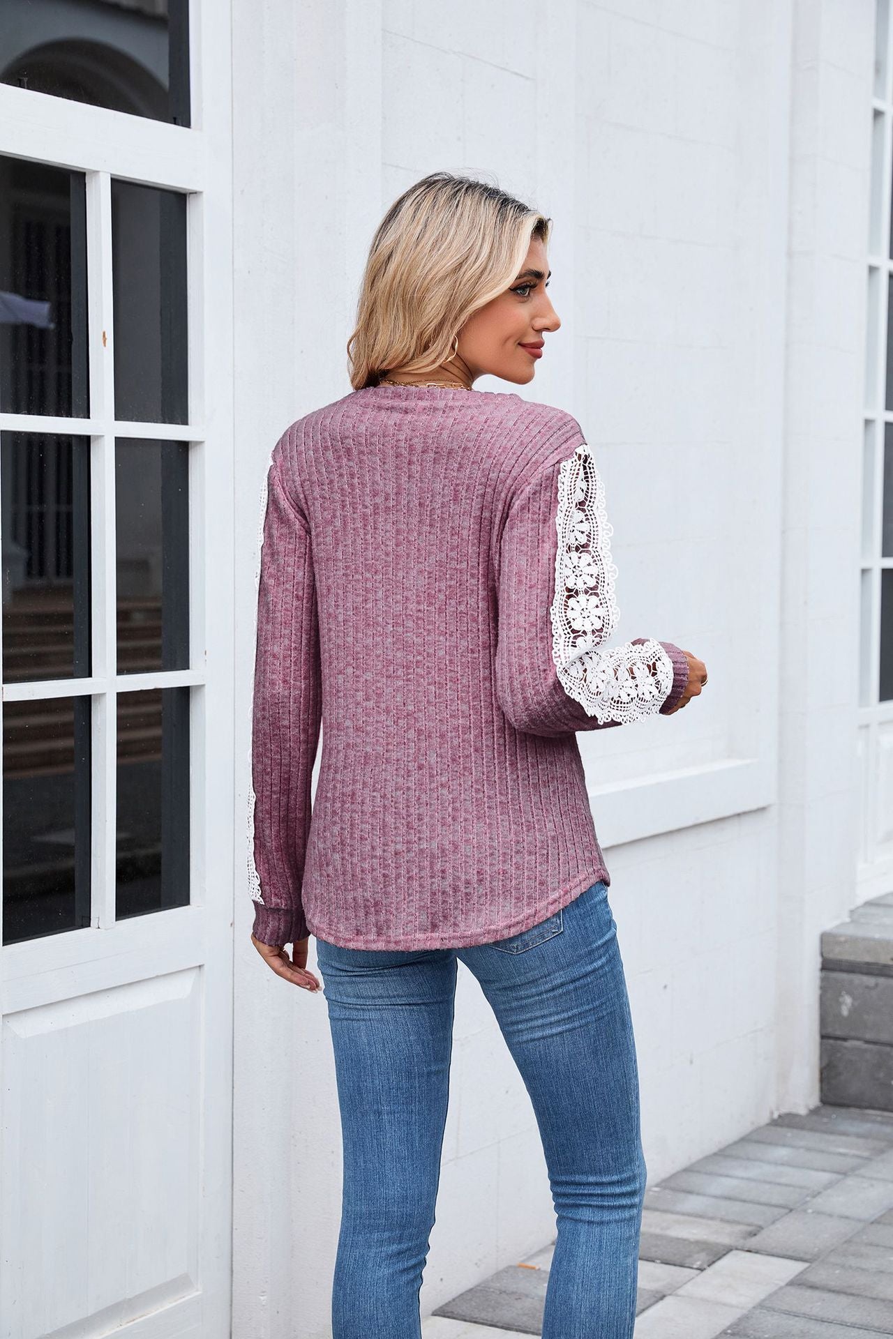 Women's V-Neck Lace Sleeve Ribbed Tunic Top