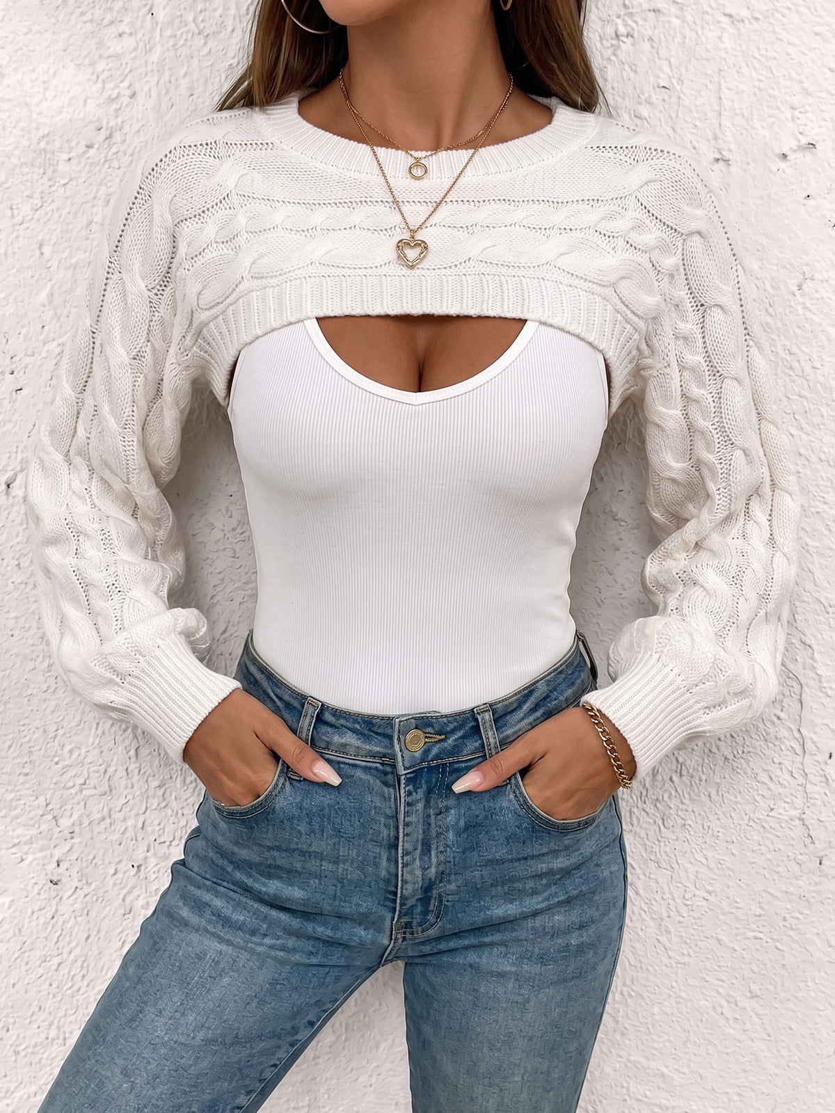 Cable Knit Cropped Shrug Sweater Long Sleeve Bolero