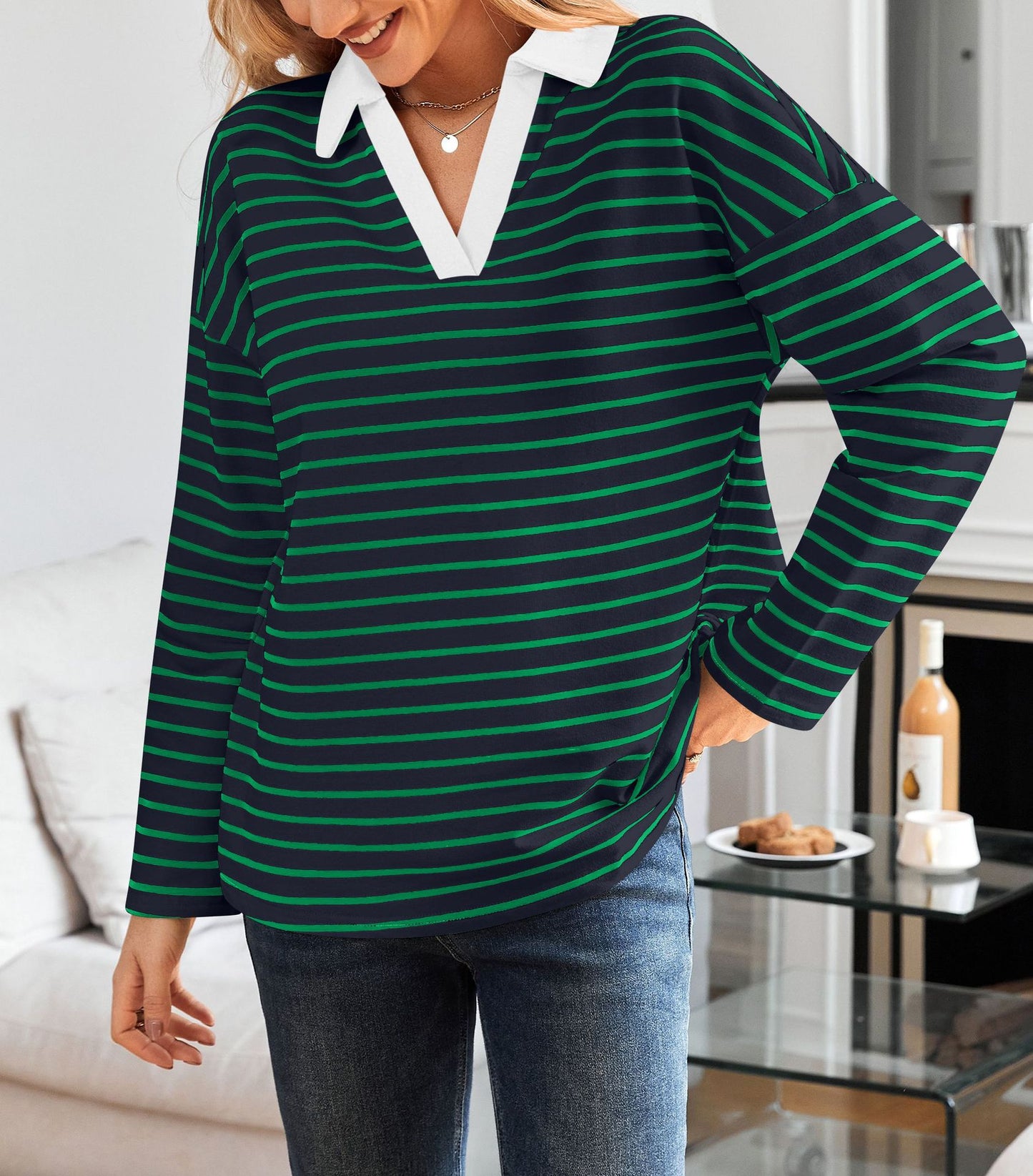 Striped V-neck Loose Sweatshirt Lapel Sweater