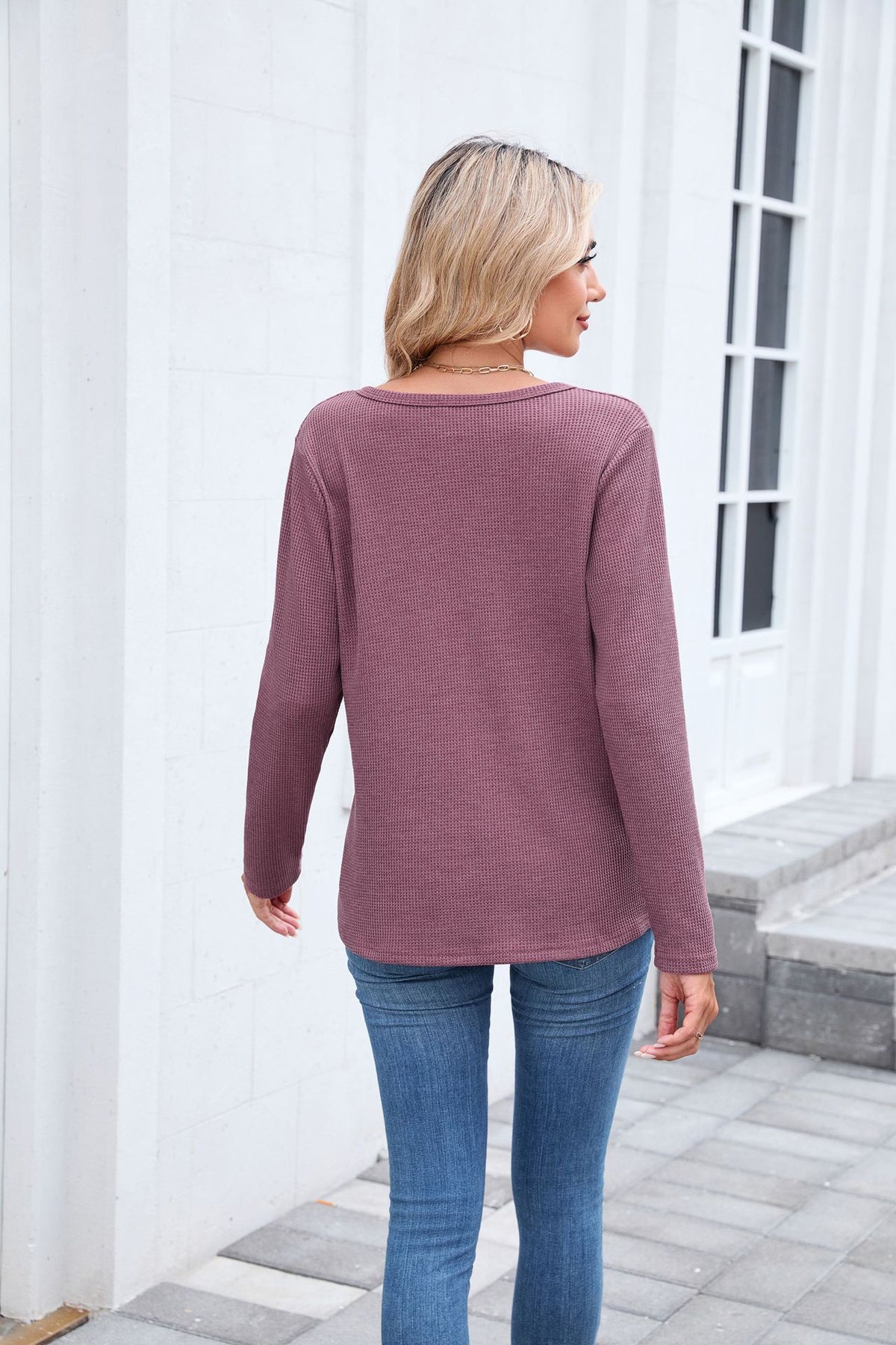 Women's Waffle Knit V Neck Long Sleeve Loose Top