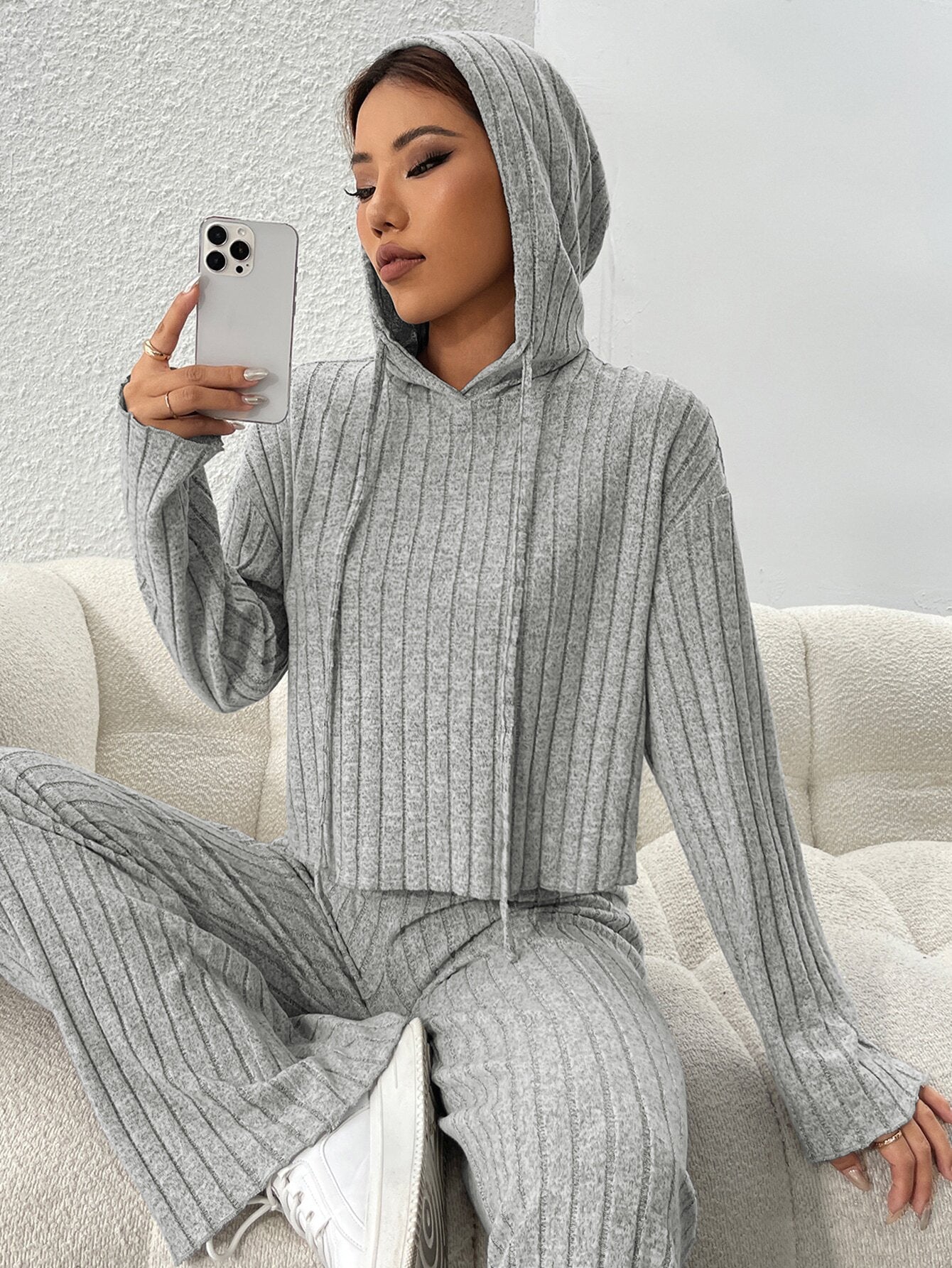 Ribbed Knit Hoodie Wide Leg Pants Lounge Set
