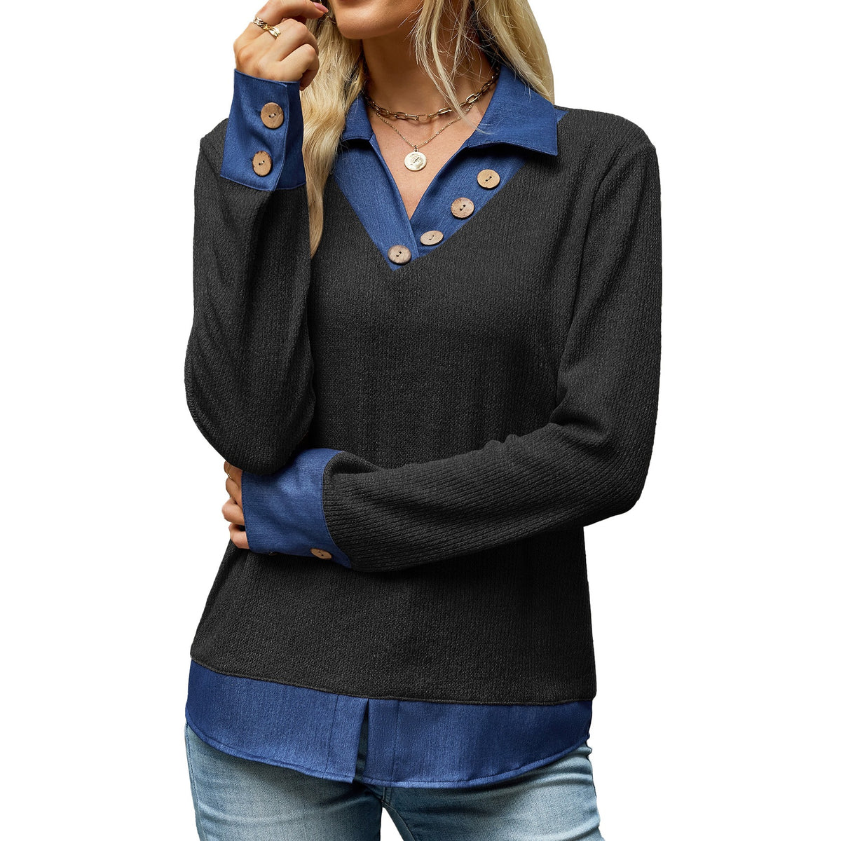 Women's Color Block Denim Collar Pullover Sweatshirt