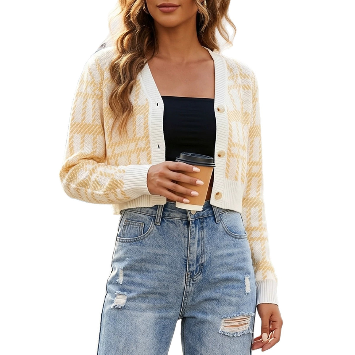 Women's Plaid Crop Cardigan V Neck Button Front Sweater
