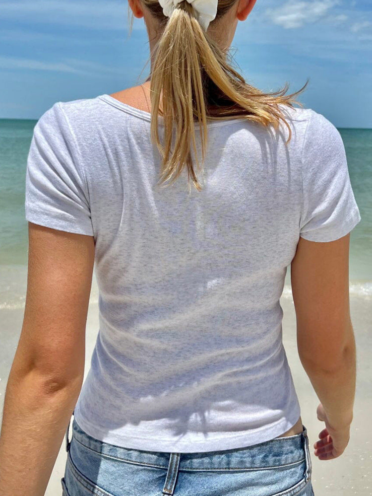 Button Casual Top Solid T-Shirts Slim Short Sleeve