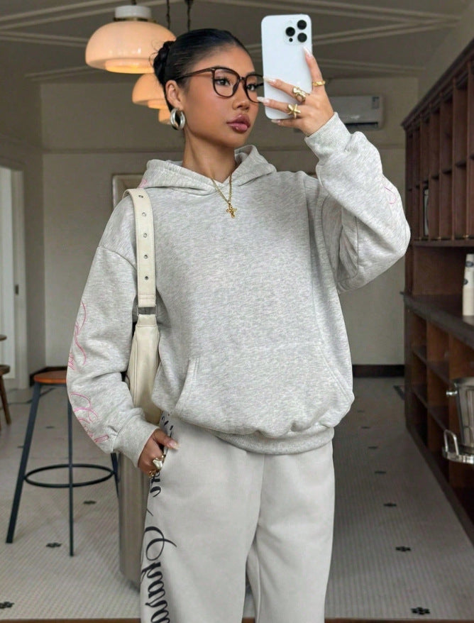 Grey Back Embroidered Oversized Hooded Sweatshirt