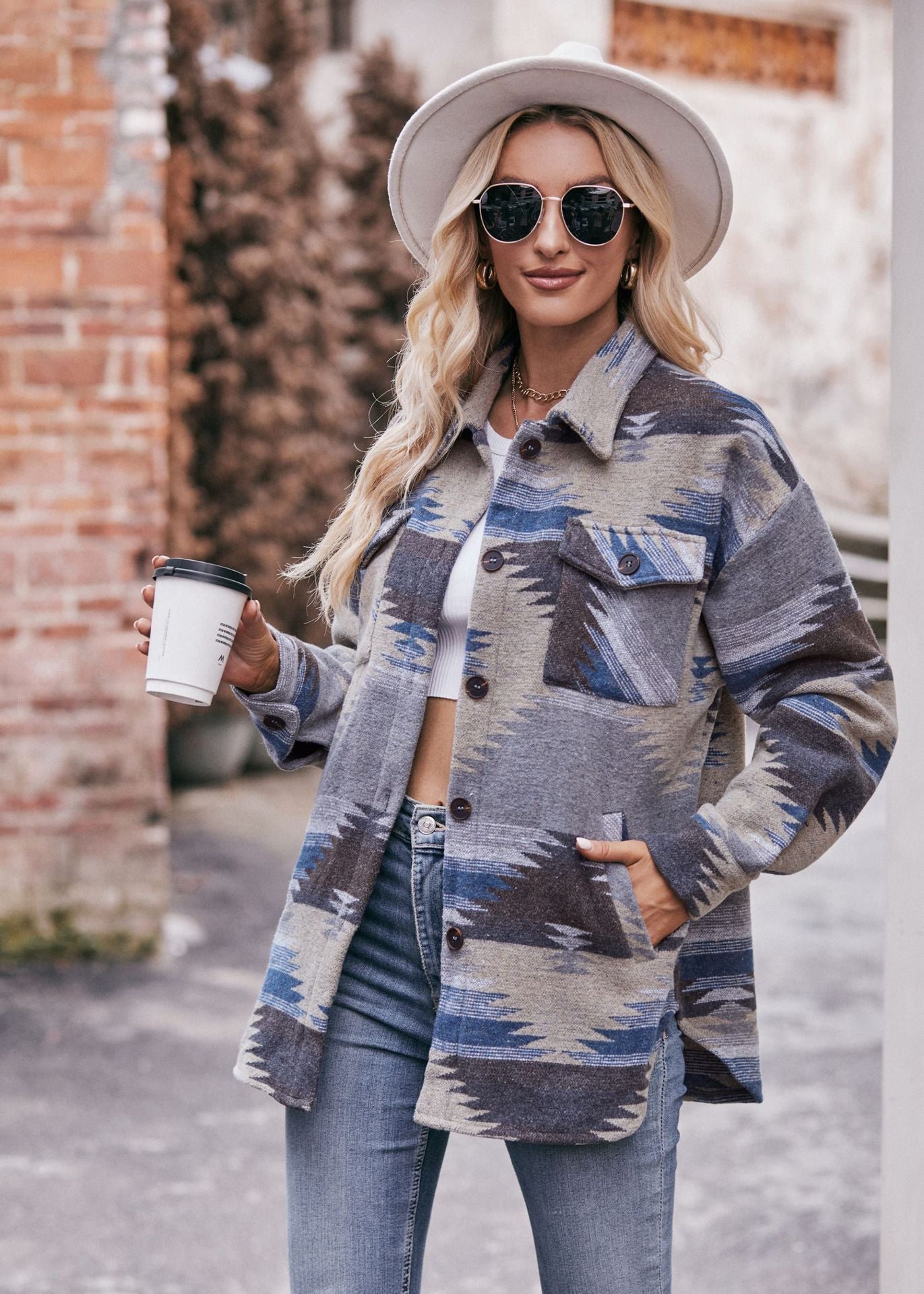 Aztec Geometric Jacket Shirt Lapel Woolen Jacket