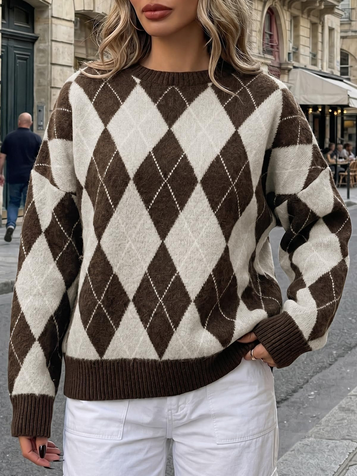 Women's Oversized Argyle Colorblock Crewneck Sweater