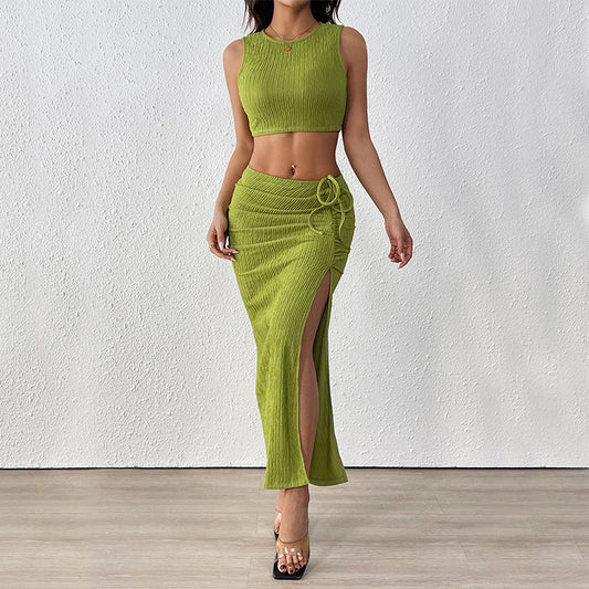 Ribbed Knit Crop Top and Slit Skirt Two-Piece Set