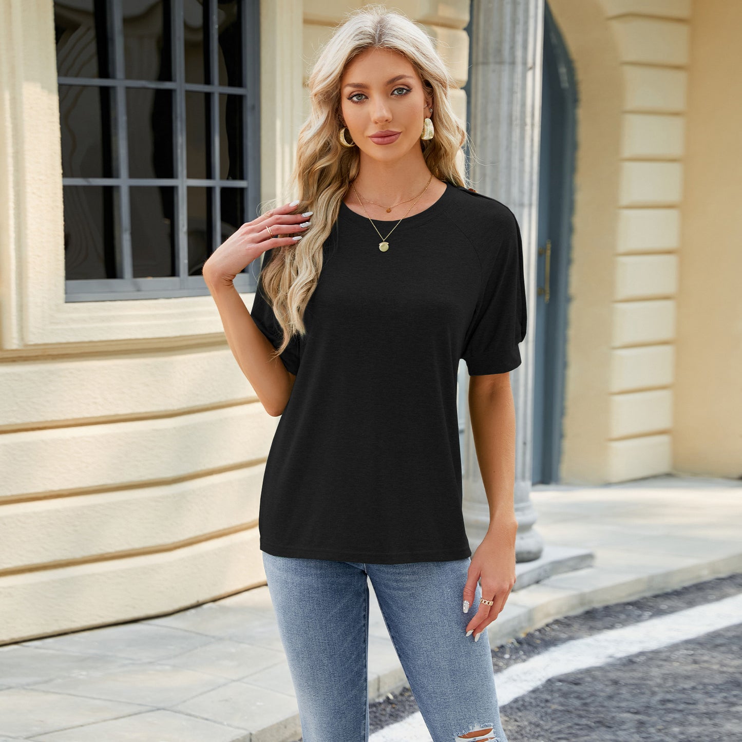 Solid Cotton Blend Tee Casual Boutique Button Sleeve