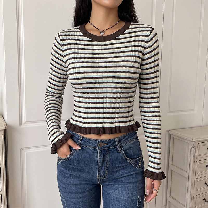 Striped Ribbed Cotton Sweater Colorblock Slim Fit Top